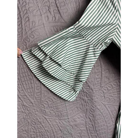 Calvin Klein Women's 4 Striped Bell Sleeve Cotton Wrap Dress Pockets Green White - Picture 9 of 12